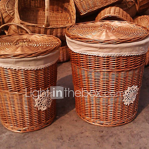 Knitted Flower Decorated Natural Country Side Barrel Laundry Handmade Wicker Storage Basket   One Piece