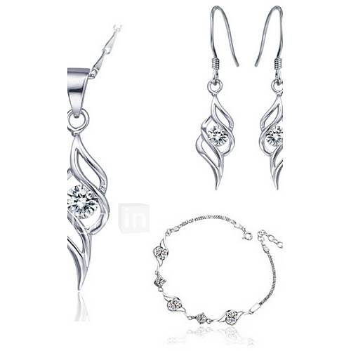 European Silver Plated Silver With Cubic Zirconia Pierced Womens Jewelry Set(Including Necklace,Earrings,Bracelet)