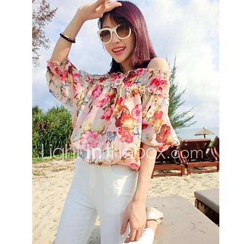 Womens Flower Print off The Shoulder Loose Chiffon Blouse