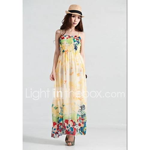 Womens Strap Chiffon Floral Print Long Dress