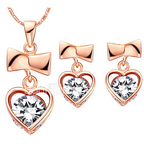 Sweet Silver Plated Clear Cubic Zirconia Heart With Bowknot Womens Jewelry Set(Necklace,Earrings)(Gold,Silver)