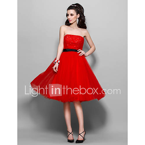 A line Strapless Knee length Tulle And Satin Cocktail Dress (890084)