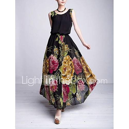 Womens Fashion O Neck Floral Chiffon Ball Gown Dress