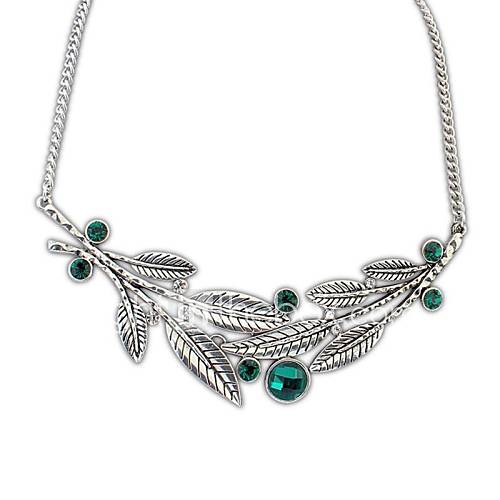 European Vintage (Leaves) Peronality Beaded Rhinestone Chain Statement Necklace (Green White) (1 pc)