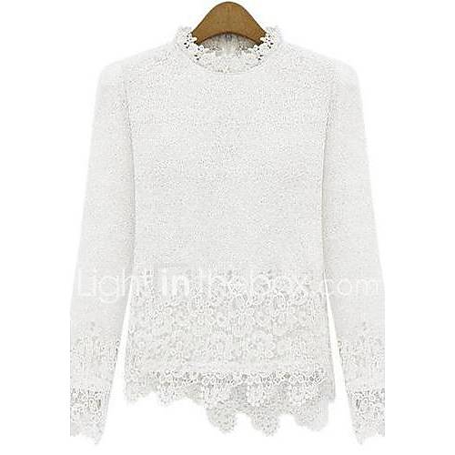 Womens White Long Sleeve Half High Collar Slim Irregular Lace Blouse