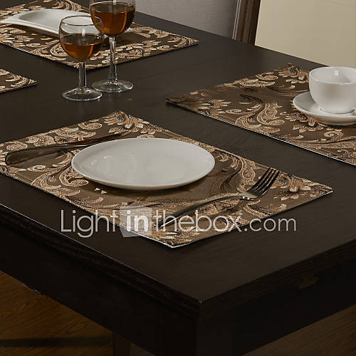 Set of 4 Spun Gold Jacquard Floral Light Coffee Polyester Placemats