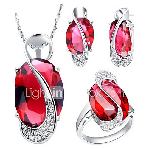 Silver Plated Cubic Zirconia Irregular Rectangle Womens Jewelry Set(Necklace,Earrings,Ring)