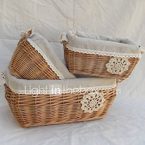 Granys Knitted Flower Cuboid Handmade Wicker Storage Basket with Two Handles   One Piece