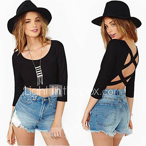 Womens Sexy Backless 3/4 Sleeve Crop Top