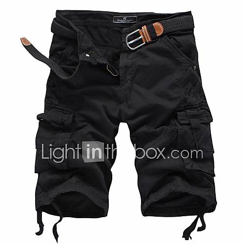 Mens Solid Color Multi Pocket Straight Shorts(without Belt) 9621 Black