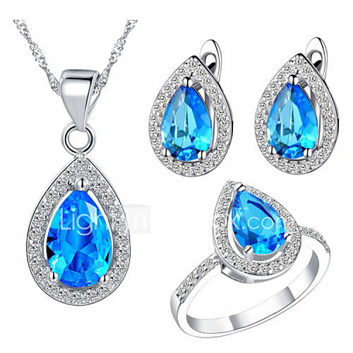 Classic Silver Plated Cubic Zirconia Drop Shaped Womens Jewelry Set(Necklace,Earrings,Ring)(Blue,Red,Purple)