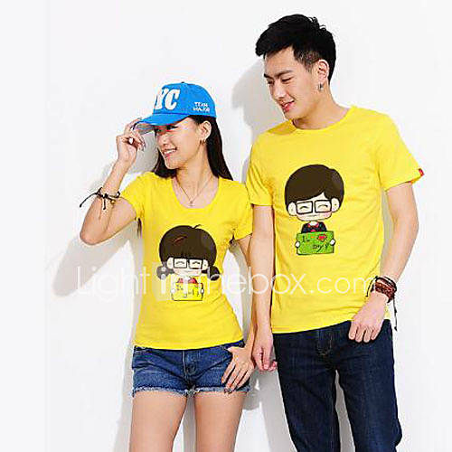 Aiyifang Casual Cartoon Print Lovers T Shirt(Yellow)