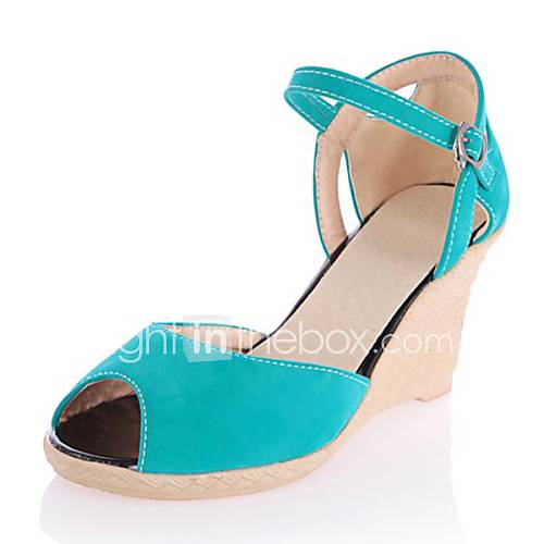 Suede Womens Wedge Heel Peep Toe Sandals With Buckle Shoes(More Colors)