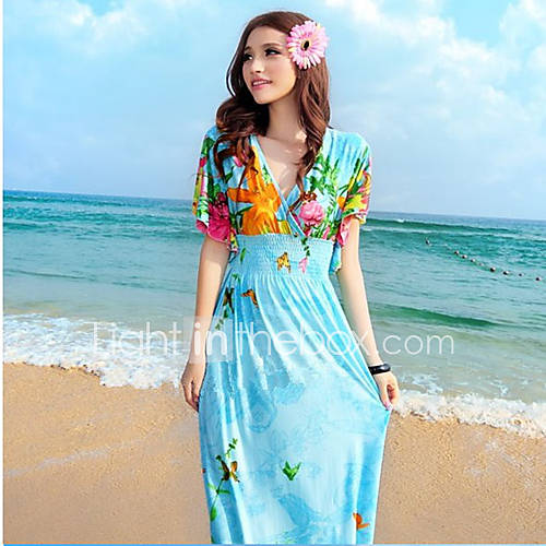 DGWE Womens Broken Beautiful Beach Seaside Holiday Dress(Light Blue)