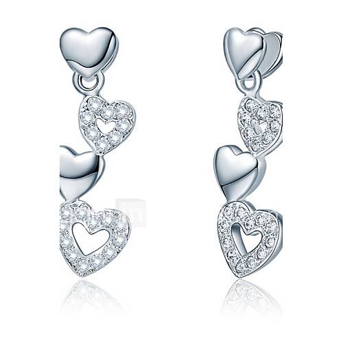 Sweet Silver Plated Silver With Cubic Zirconia Heart Linked To Heart Womens Earring