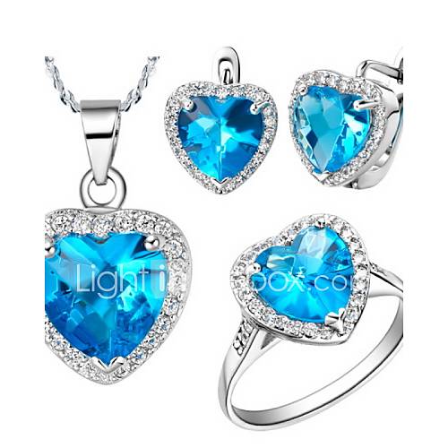 Classic Silver Plated Blue And Clear Cubic Zirconia Heart Of The Ocean Womens Jewelry Set(Necklace,Ring,Earrings)