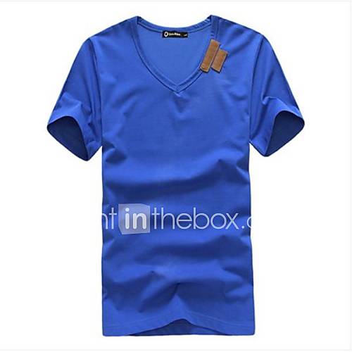 Mens V Neck Casual Short Sleeve Collar Patch T shirt