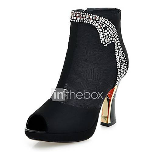 Suede/Lace Womens Spool Heel Peep Toe Fashion Ankle Boots With Rhinestone