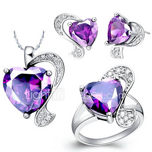 Fashion Silver Plated Cubic Zirconia Irregular Heart Womens Jewelry Set(Necklace,Earrings,Ring)(Red,Purple)