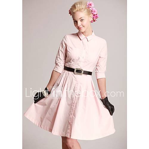 Zoely Womens Sweet Turn Down Collar High Waist Buckle Half Sleeve Knee Length Exclude Belt Pink Dress