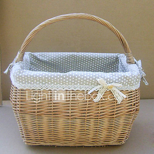 Large Size Cute Light Grey Punctate Bow Decorated Handmade Wicker Storage Basket
