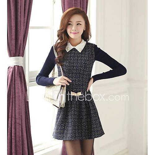 Womens Clothing Collar Knitting Long Sleeved Grid Cloth Cultivate Ones Morality Dress