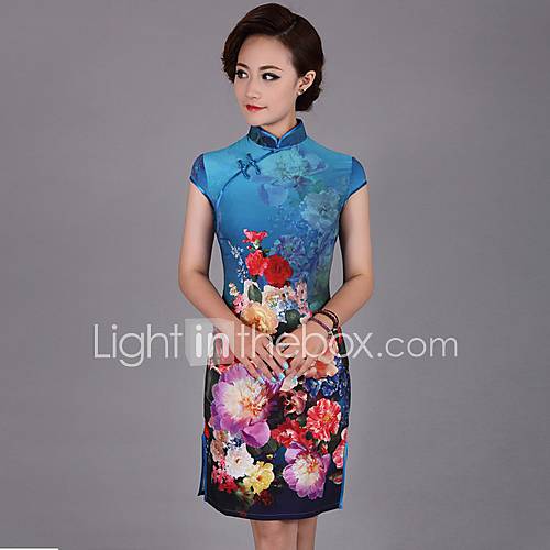 Yeshu Mandarin Collar Elegance Floral Printing Bodycon Short Cheongsam (Blue)