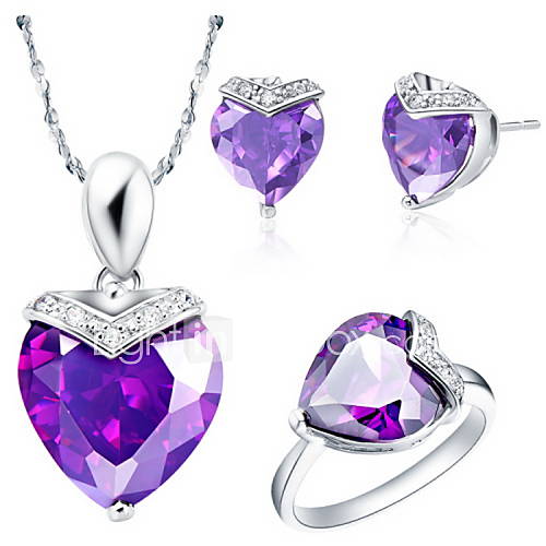 Classic Silver Plated Cubic Zirconia Heart Womens Jewelry Set(Necklace,Earrings,Ring)(Red,Purple)