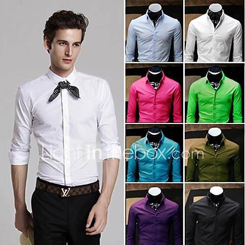 Mens Shirt Business Dress Shirt Fashion Pure Color Long Sleeve Mens Top