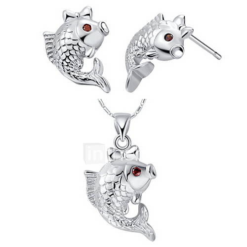 Sweet Silver Plated Silver With Cubic Zirconia Goldfish With Bowknot Womens Jewelry Set(Including Necklace,Earrings)