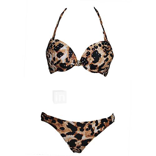 Romance Womens Rhinestone Halter Leopard Bikini