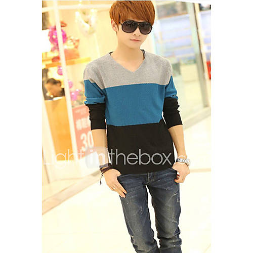 Mens V Neck Stripes Splicing Slim Sweater