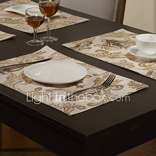 Set of 4 Concise Gold Embroidery Beige Polyester Placemats