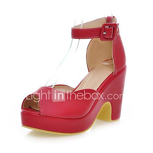 Faux Leather Womens Chunky Heel Heels Platform Peep Toe Sandals Shoes (More Colors)