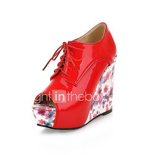 Patent Leather Womens Wedge Heel Heels Platform Peep Toe Fashion Ankle Boots with Lace up(More Colors)