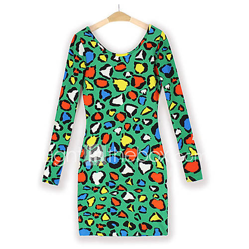 Lishang Womens Colorful Leopard Print Long Sleeve Dress(Green)