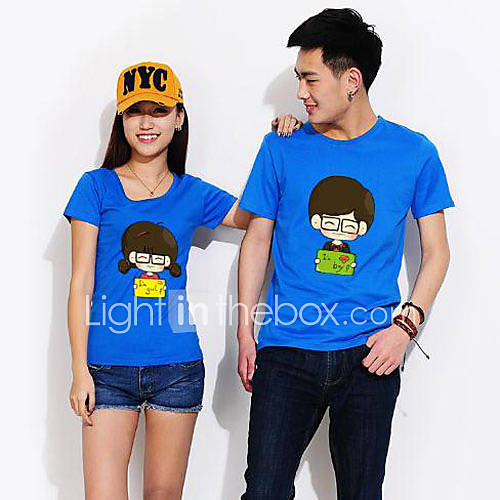 Aiyifang Casual Cartoon Print Lovers T Shirt(Dark Blue)