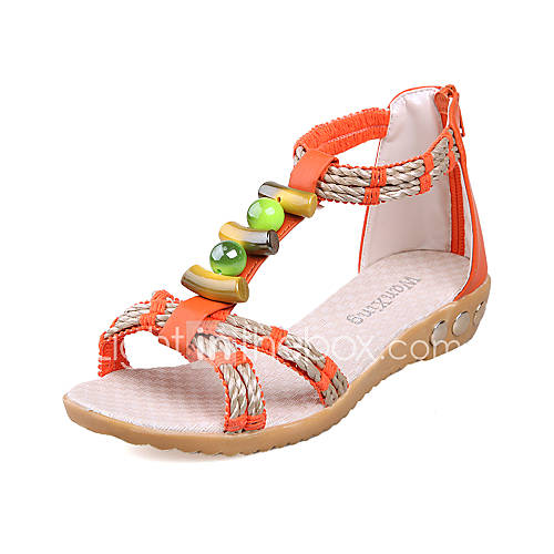 Leatherette Womens Flat Heel T Strap Sandals Shoes with Zipper(More Colors)