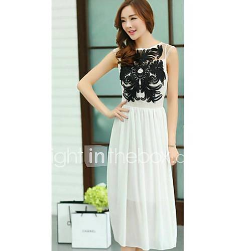 Womens Elegant Embroidery Splicing Chiffon Maxi Dress