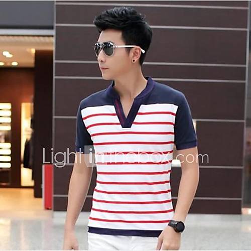 Mens V Neck Casual Short Sleeve Slim Stripes T shirt(Except Acc)