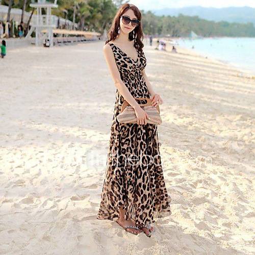 Womens V neck Leopard Bohemia Ankle Length Chiffon Dresses
