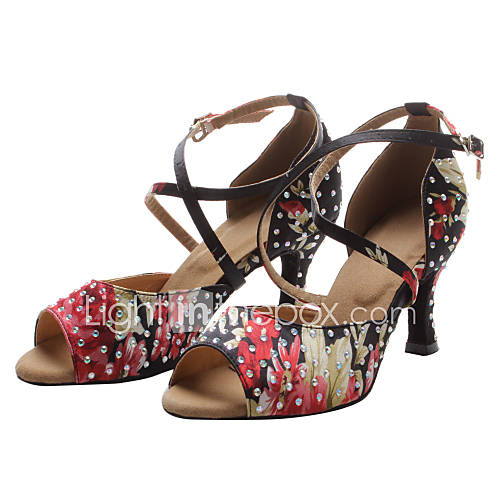 Customized Womens Flower Satin Crystal Cross Strap Latin Dance Sandals Shoes