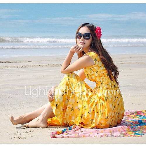 DGWE Womens Fruit Design Beach Bohemian V Neck Chiffon Dress(Yellow)