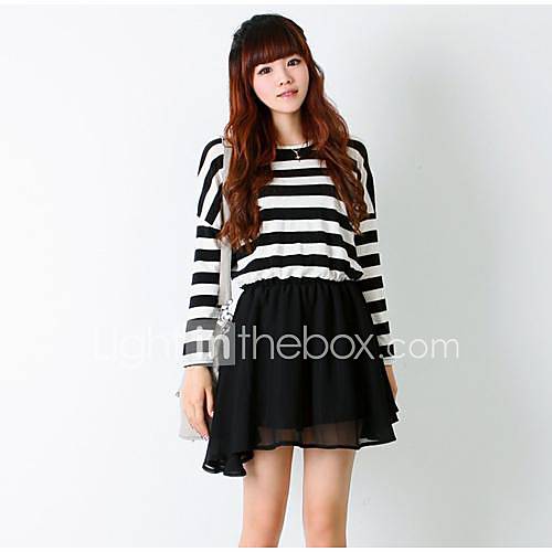 Womens Black And White Stripes Gauze Splice Dress