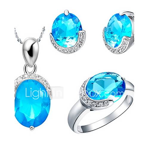 Classic Silver Plated Cubic Zirconia Oval Womens Jewelry Set(Necklace,Earrings,Ring)(Blue,Purple)