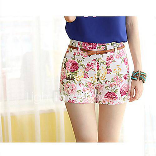 Womens White Flower Print Summer Short Pants