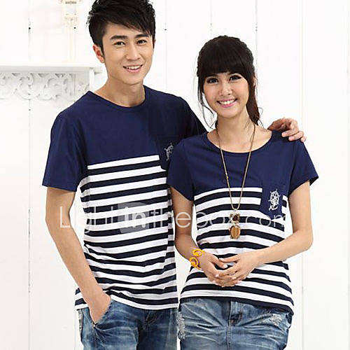 Aiyifang Casual Stripe Lovers T Shirt(Dark Blue)