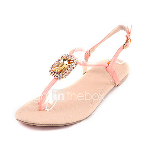 Leatherette Womens Flat Heel T Strap Sandals Shoes with Rhinestone(More Colors)