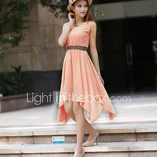 Womens Summer Solid Color Chiffon Sleeveless One piece Dress