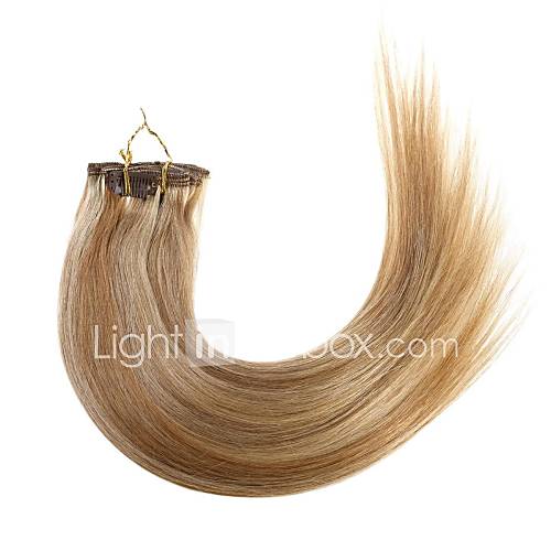 18 Inch #12/613 Mixed Black and Blonde 7 Pcs Human Hair Silky Straight Clips in Hair Extensions